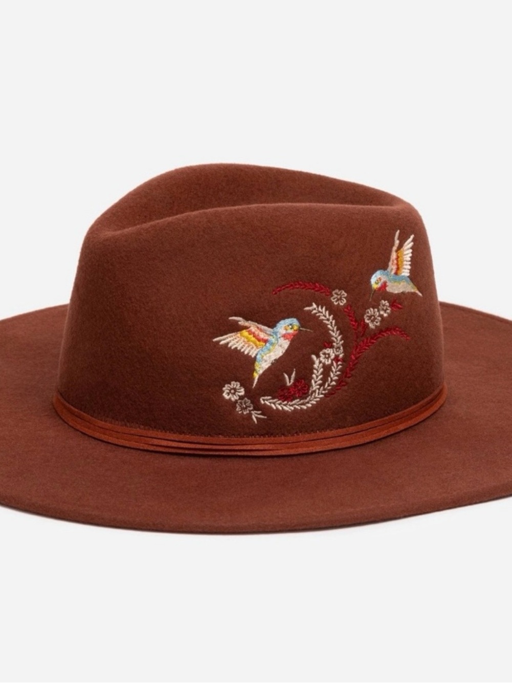 Johnny Was Fedora Hat Rust Color Embroidered Wool with Blue Hummingbird Feather